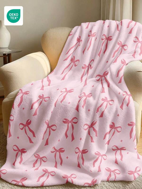 1pc Flannel Blanket, Bedding, Soft Lightweight, Cartoon Bow Print, Home Essential, Daily Use, Birthday Gift For Friends, Comfortable Warm, Easy Care, Cute Style, Multi-Functional Blanket Suitable For Sofa, Bedroom, Living Room, Room Decor, OEKO-TEX