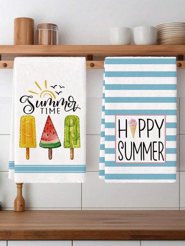 2pcs Happy Summer Kitchen Towels Kitchen Cloths, Polyester Hand Towels With Ice Cream Pattern , Super Soft Woven Dishcloths, Machine Washable, Ideal For Holiday Gifts & Home Decor.